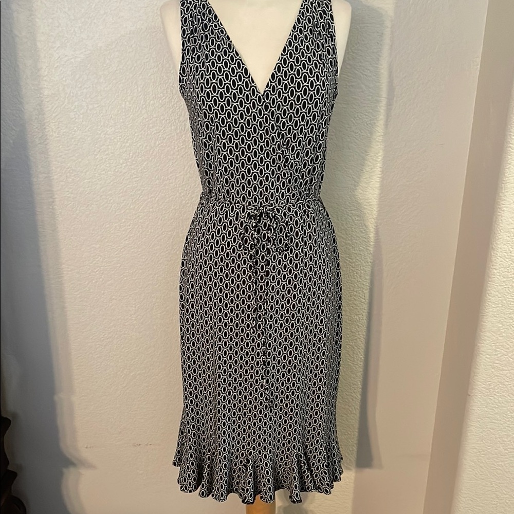 London Times Black and White Ruffled Wrap Midi Dress